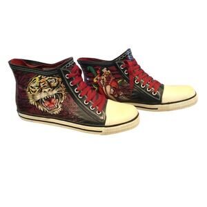 Vintage Ed Hardy High Top Sneakers US 9 EU 40 Shoes Y2K Tiger Pin-up Red Tattoo